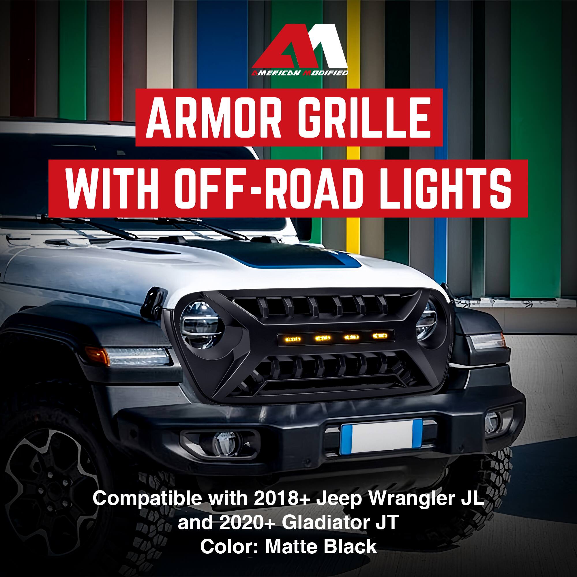 ARMOR GRILLE WITH OFF-ROAD LIGHTS

Compatible with 2018+ Jeep Wrangler JL and 2020+ Gladiator JT  
Color: Matte Black