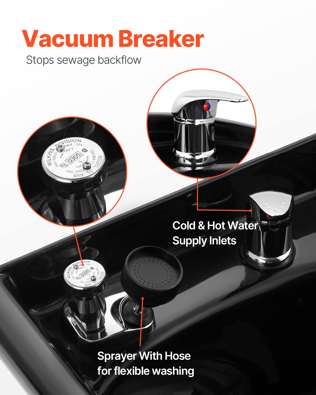 Vacuum Breaker  
Stops sewage backflow  

Cold & Hot Water Supply Inlets  

Sprayer With Hose for flexible washing  

WILKINS  
DIVISION  
CALIF USA  
MODEL 0305  
CSA WILKINS AOBLES  
PASO S PLAN 100 39S 35 AVB  
4001 3955Y  
AVB