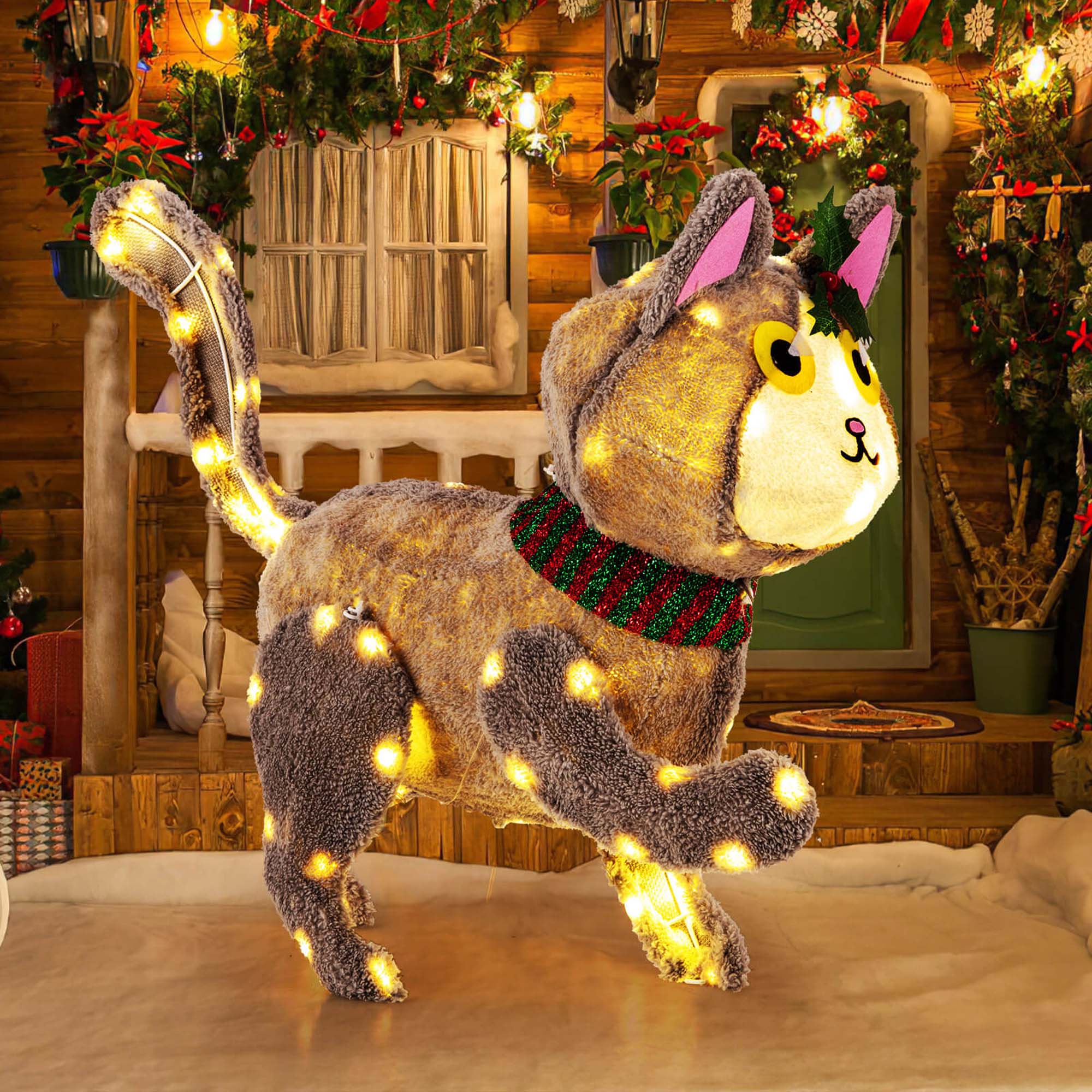 Alt View 3. Costway - Costway Lighted Christmas Cat with 88 LED Lights 4 Ground Stakes Cable Tiers for Yard - Gray.