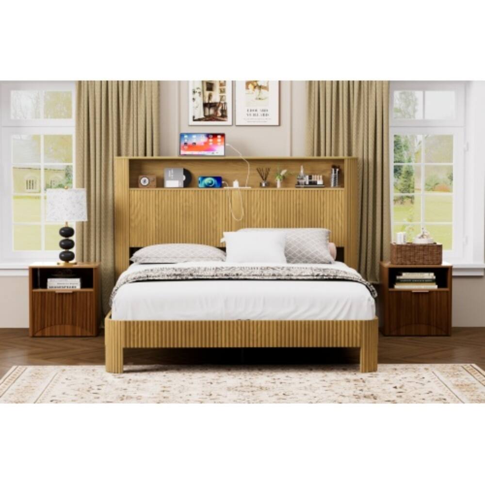 Alt View 1. LUCKY ONE - Queen Size Bed Frame with Storage Headboard, USB Charging Station, Wavy Curved Design, Metal Support - Natural.
