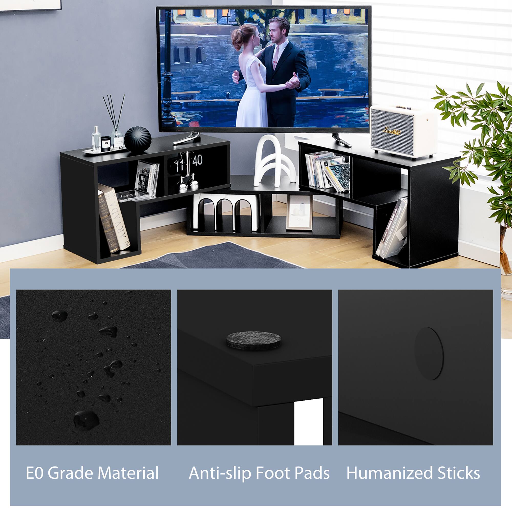 The text on the image is grouped and corrected as follows:

* The TV stand is black and has a flat screen TV on top of it.
* The TV stand is also equipped with anti-slip foot pads and humanized sticks.
* The TV stand is accompanied by a potted plant and a bookshelf.
* The bookshelf is filled with books, and there is a remote control nearby.
* The TV stand is made of wood and has a modern design.