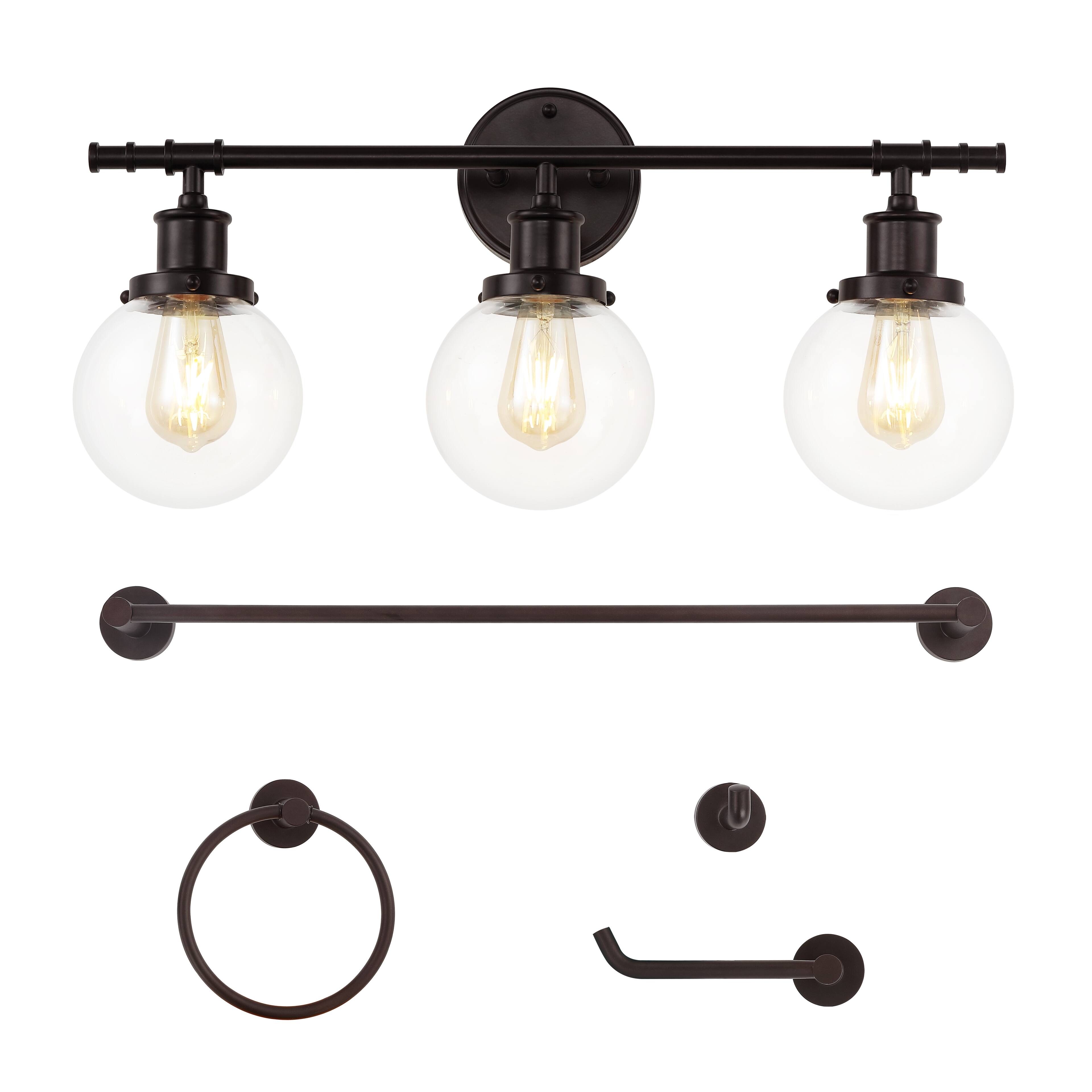 Front. Jonathan Y - Hugo 24.5" 3-Light Farmhouse Classic Vanity Light with Bathroom Hardware Accessory Set, Oil Rubbed Bronze (5-Piece) - Oil Rubbed Bronze.