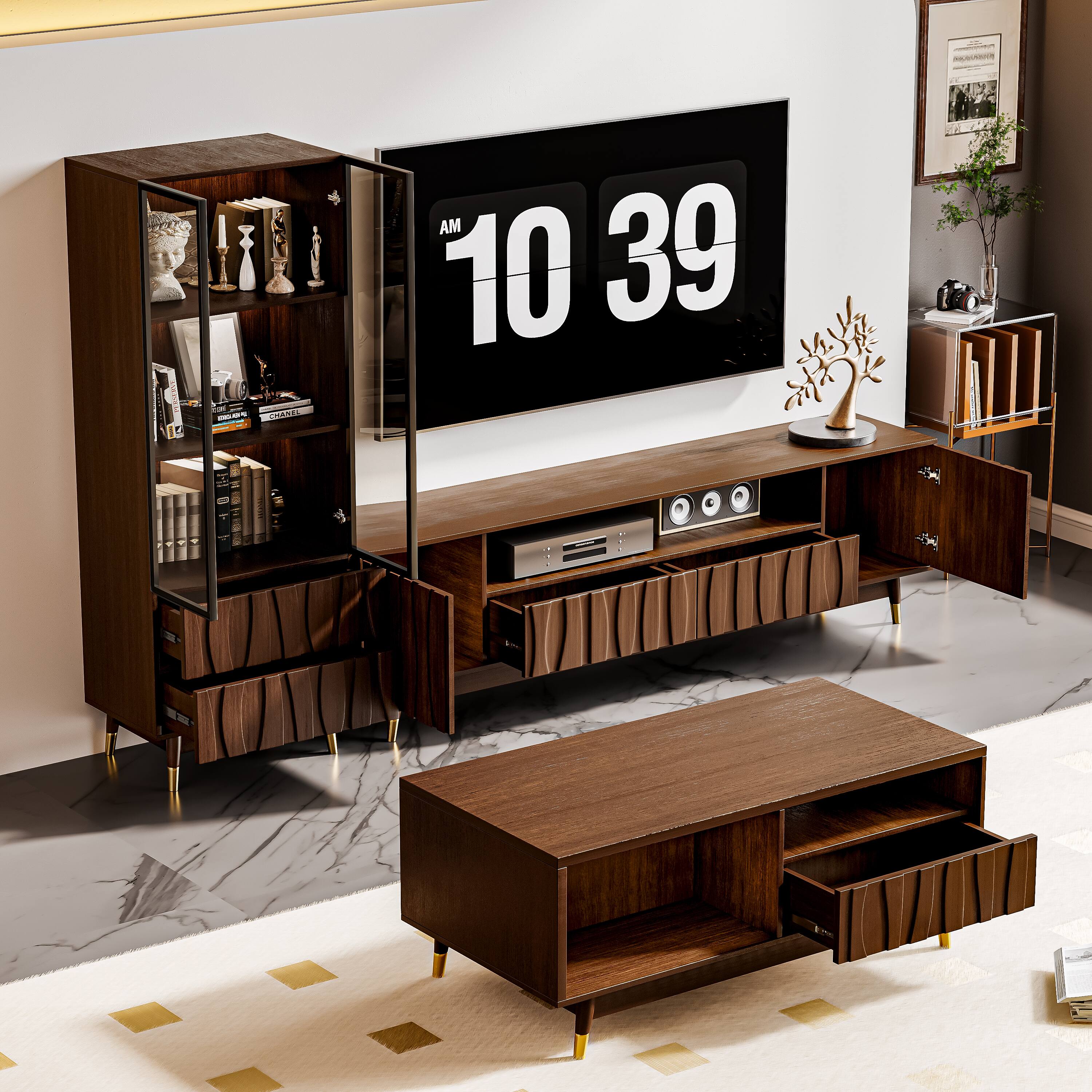 Alt View 8. MSOOB - 3 Pieces Media Console Set, Mid-Century Modern Entertainment Center, TV Stand and Coffee Table with Glass Cabinet - Brown.