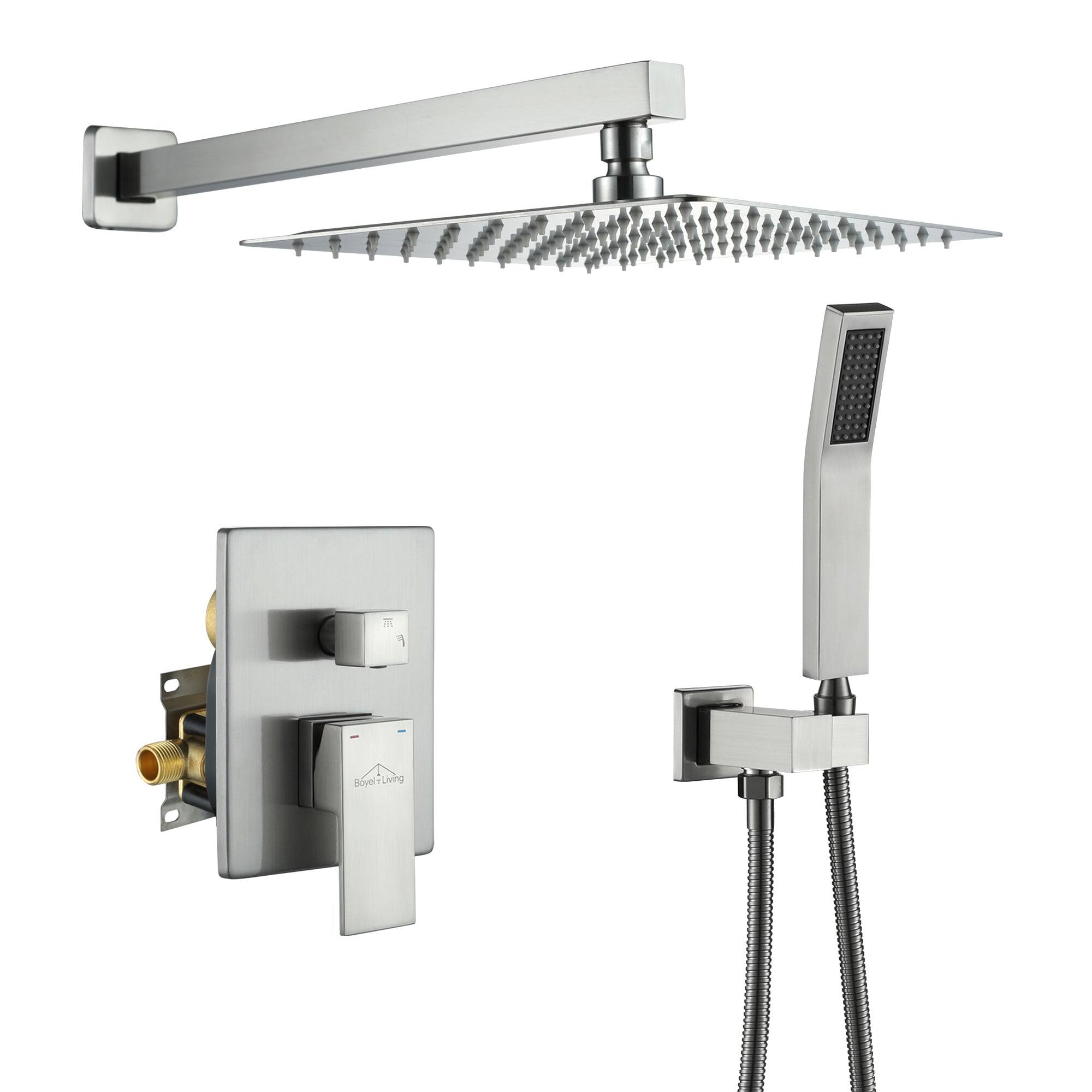 Front. Boyel Living - 1-Spray Patterns with 2.5 GPM 10 in. Square Wall Mount Dual Shower Heads with Pressure Balance Valve in Brushed Nickel - Brushed Nickel.