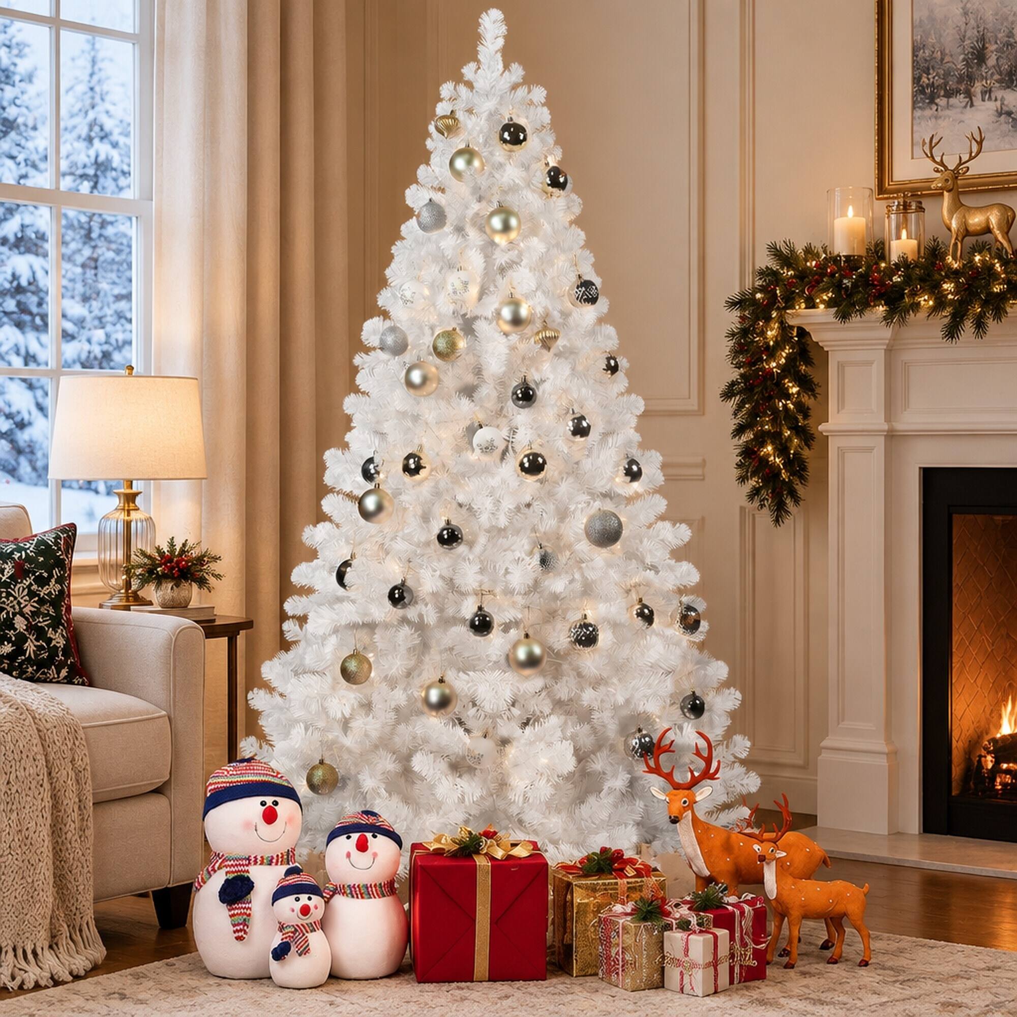 Left. RYHNUYNE - 6FT White Artificial Christmas Tree With 760 Tips and Memory Wire Branches, Hinged PVC and Easy Assembly - White.