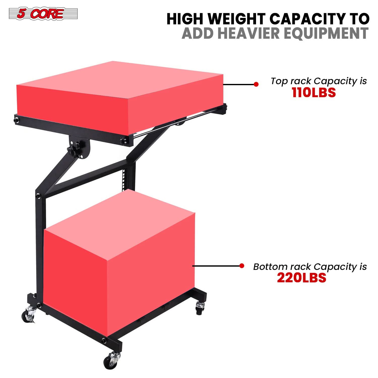 5 CORE

HIGH WEIGHT CAPACITY TO ADD HEAVIER EQUIPMENT

Top rack Capacity is 110LBS

Bottom rack Capacity is 220LBS