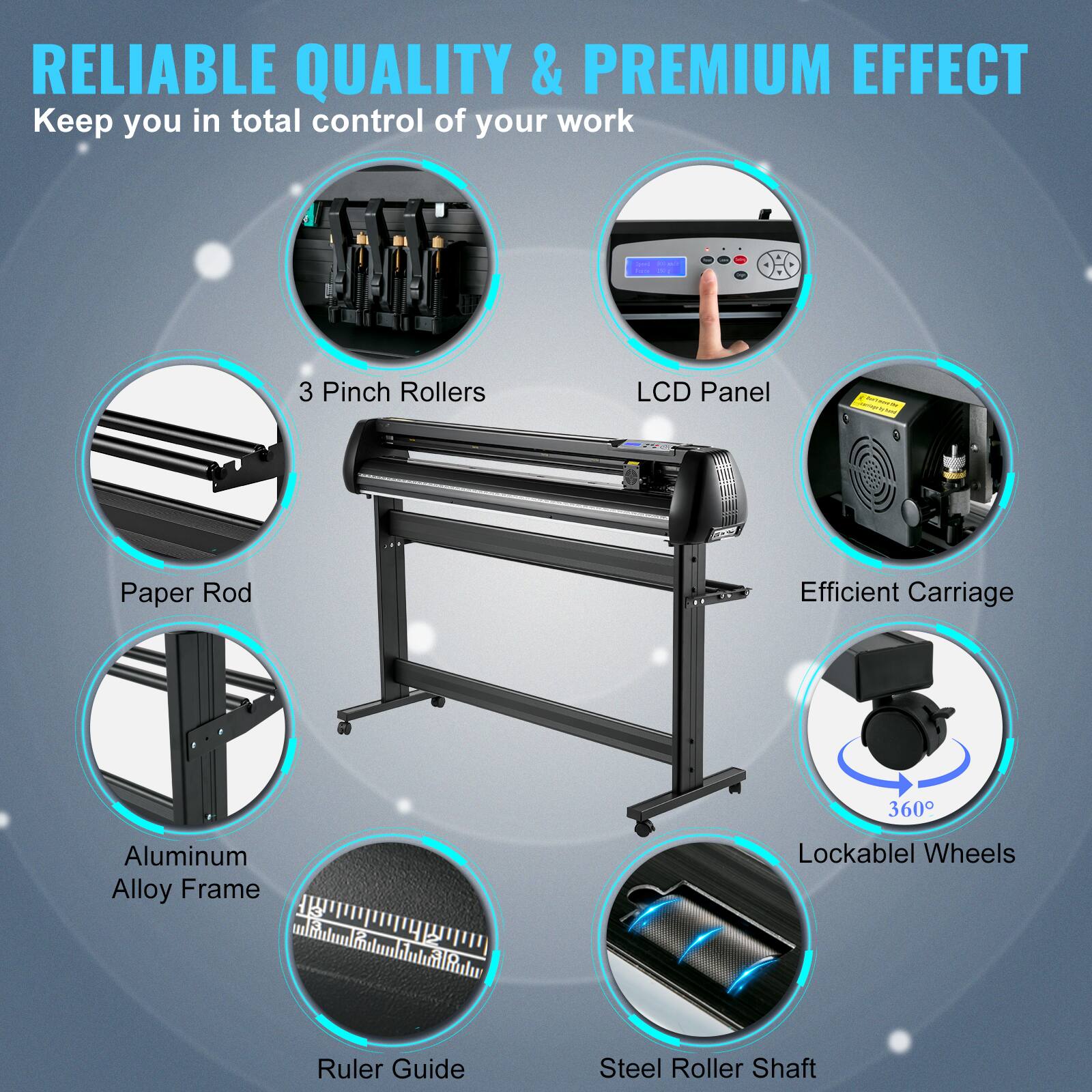 RELIABLE QUALITY & PREMIUM EFFECT  
Keep you in total control of your work

- 3 Pinch Rollers
- LCD Panel
- Paper Rod
- Efficient Carriage
- Aluminum Alloy Frame
- Lockable Wheels
- Ruler Guide
- Steel Roller Shaft