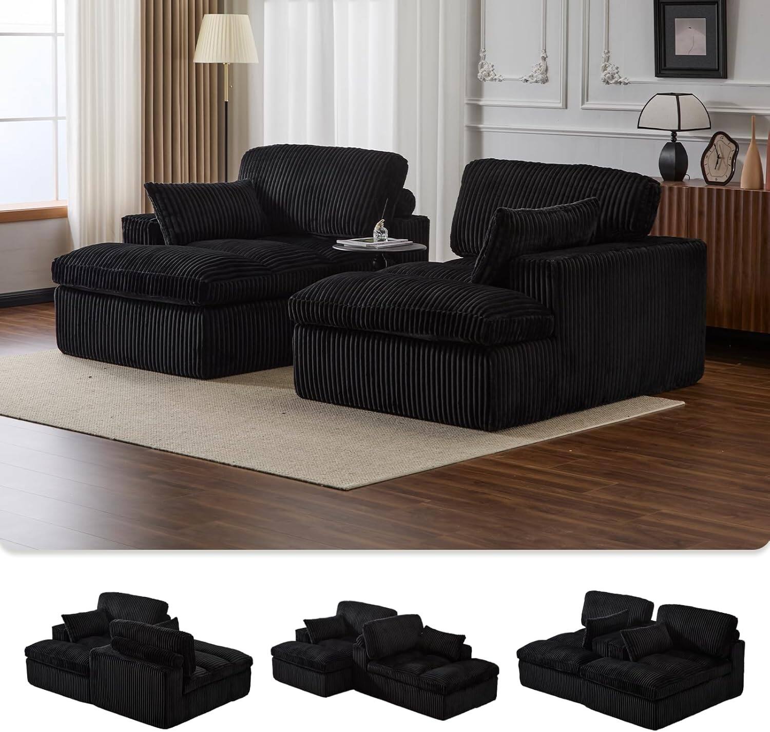 Alt View 2. Trinkets Crazed - Modular Loveseat Double Chaise Lounge Sofa Corduroy Sectional Sofa Boneless Couch - black.