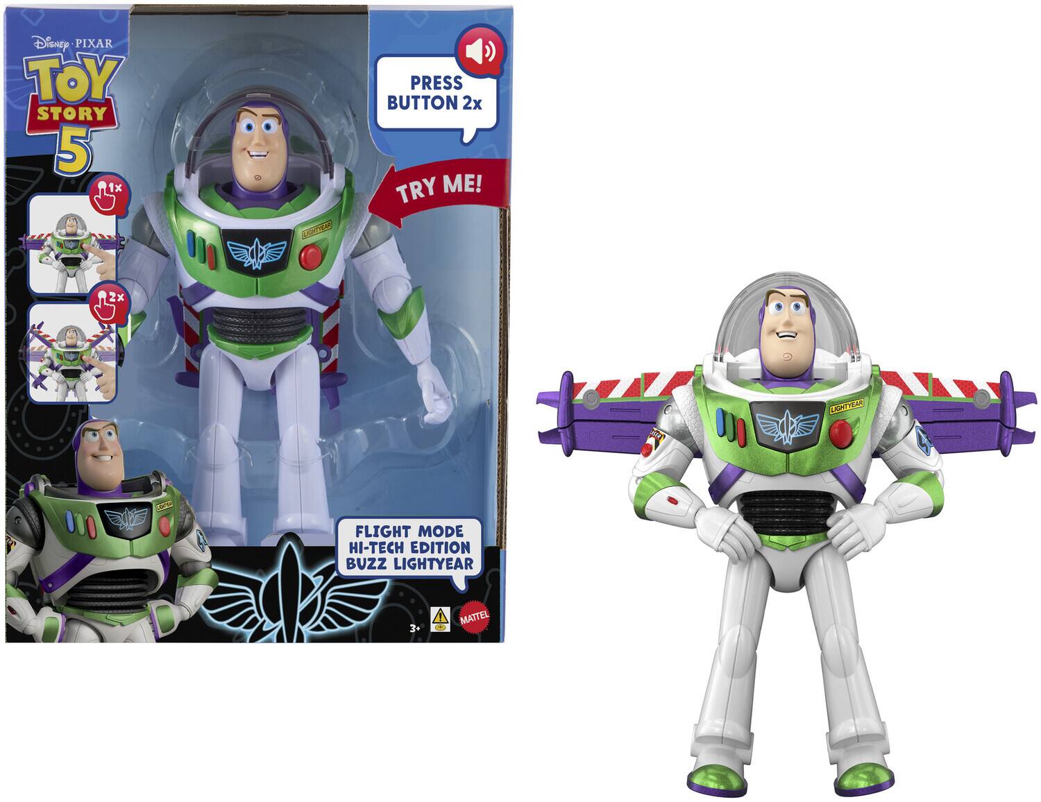 Disney PIXAR TOY STORY 5  
1x PRESS BUTTON 2x TRY ME!  
2x LIGHTYEAR FLIGHT MODE HI-TECH EDITION BUZZ LIGHTYEAR  
3+ - MATTEL