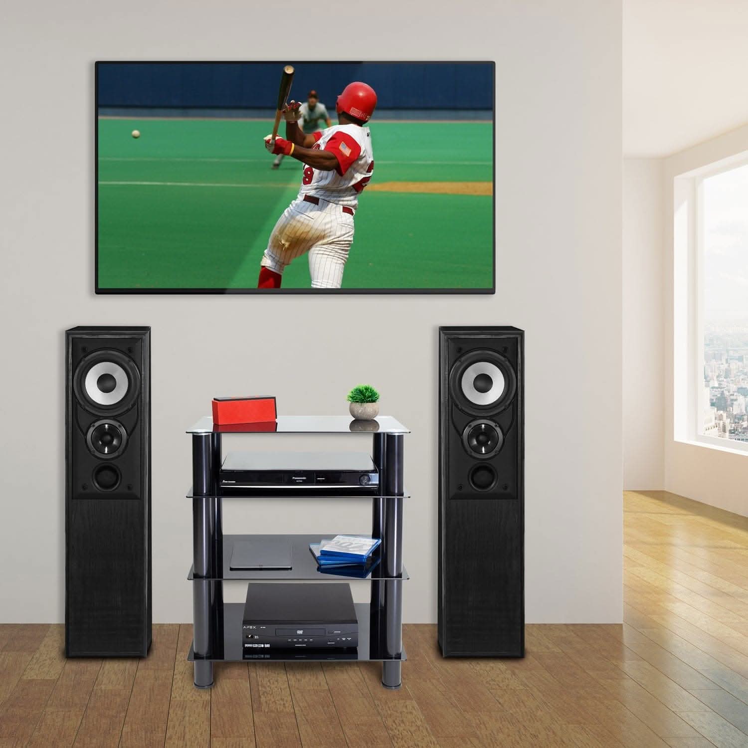 Alt View 2. Mount-It! - Four‑Tiered Glass A/V Media Stand with Tempered Shelves & High Load Capacity for Component Storage, Black - Black.