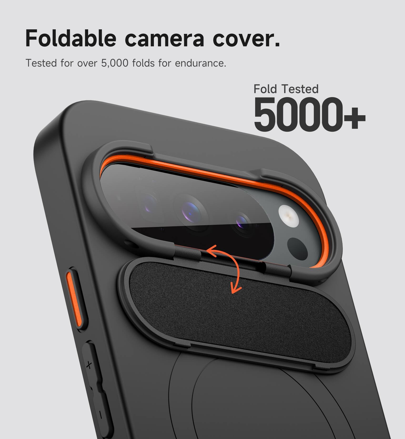 Foldable camera cover.  
Tested for over 5,000 folds for endurance.  
Fold Tested 5000+