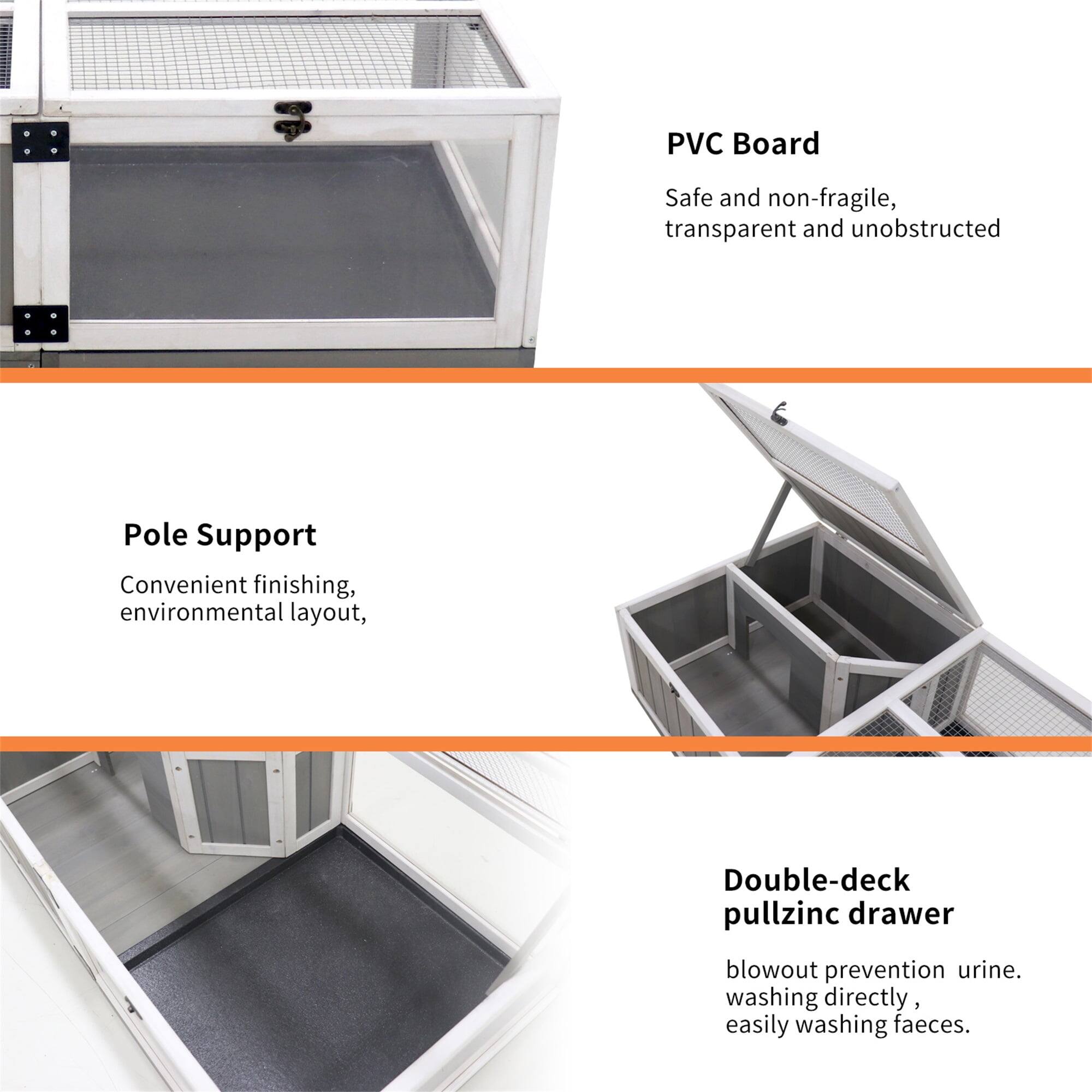 PVC Board  
Safe and non-fragile, transparent and unobstructed  

Pole Support  
Convenient finishing, environmental layout  

Double-deck pullzinc drawer  
blowout prevention urine, washing directly, easily washing faeces.