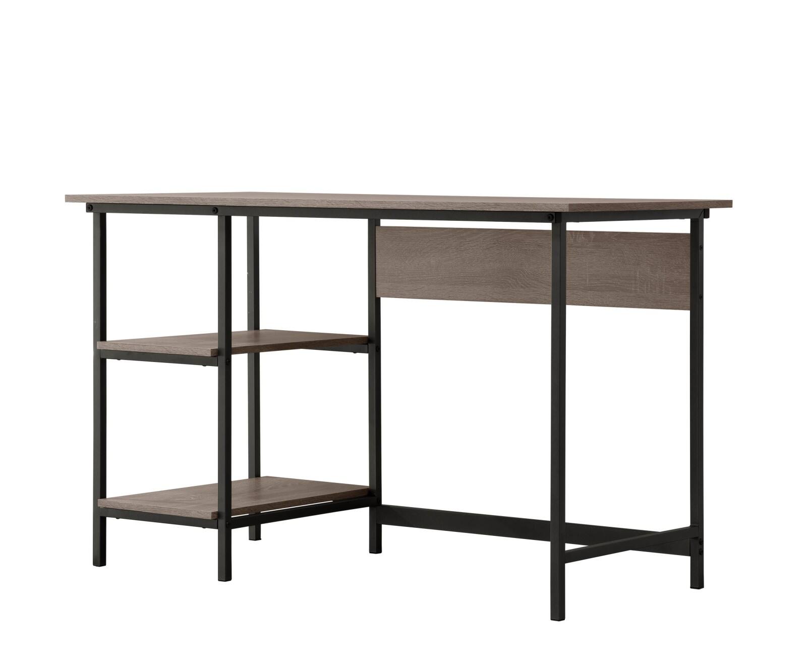 Front. Glintex - Compact Writing Desk with 2 Storage Shelves, Open Design and Metal Accents for Space-Saving Organization - Gray.