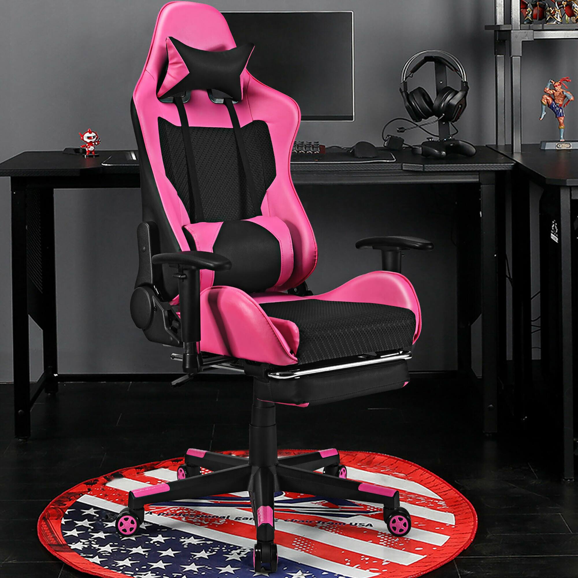 Costway Racing Massage Gaming Chair with Footrest Pink +