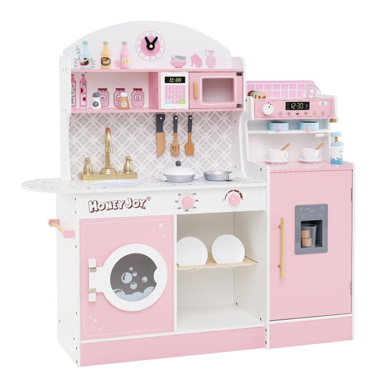 SlickBlue - Kids Play Kitchen Wooden Set with Coffee Maker and Pretend Accessories - Pink