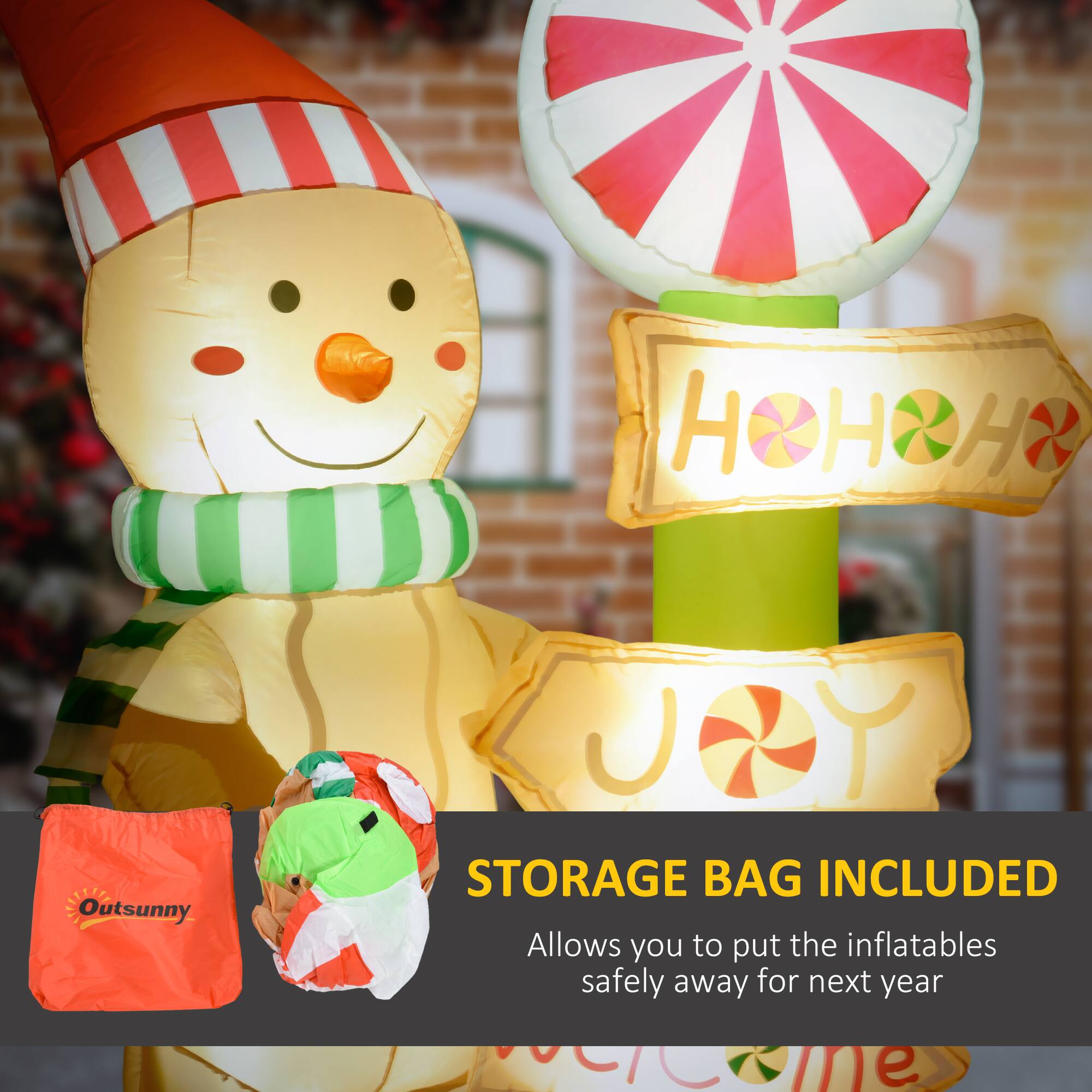 HH&H  
Outsunny STORAGE BAG INCLUDED  
Allows you to put the inflatables safely away for next year  

STORAGE BAG INCLUDED  
Allows you to put the inflatables safely away for next year