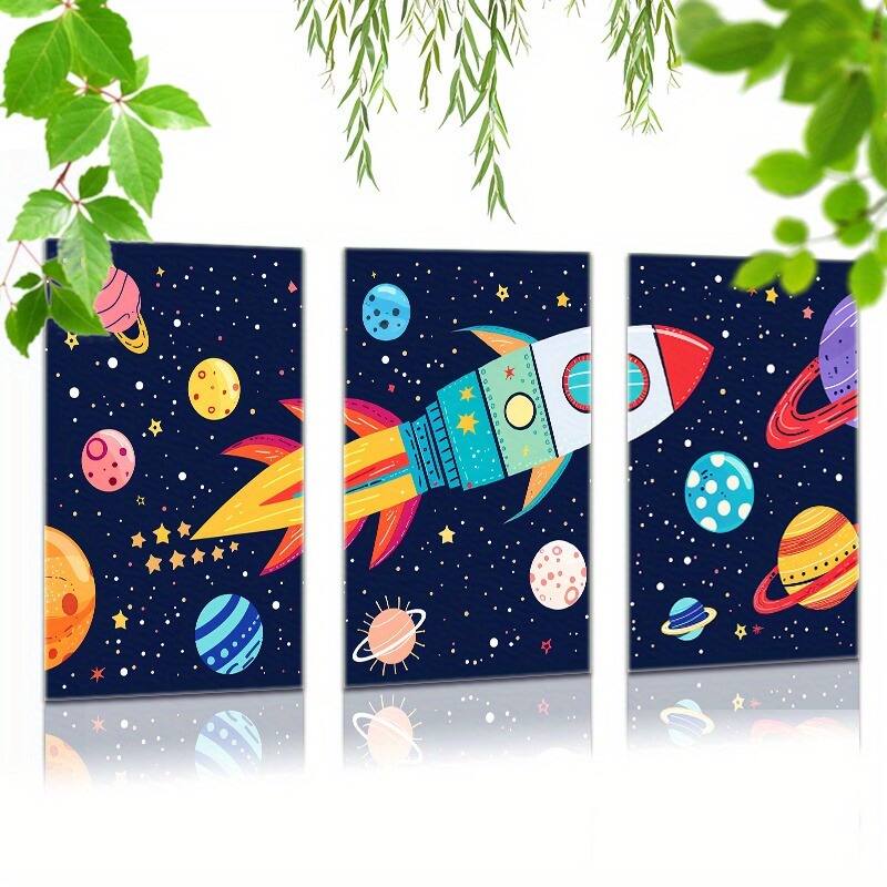 Front. blue - 3 Pieces Set of Frameless Wall Art - Cartoon Rocket Space Canvas Prints - Home, Office, Living Room, Bedroom Decor - Color:12*8inch(30*20cm).
