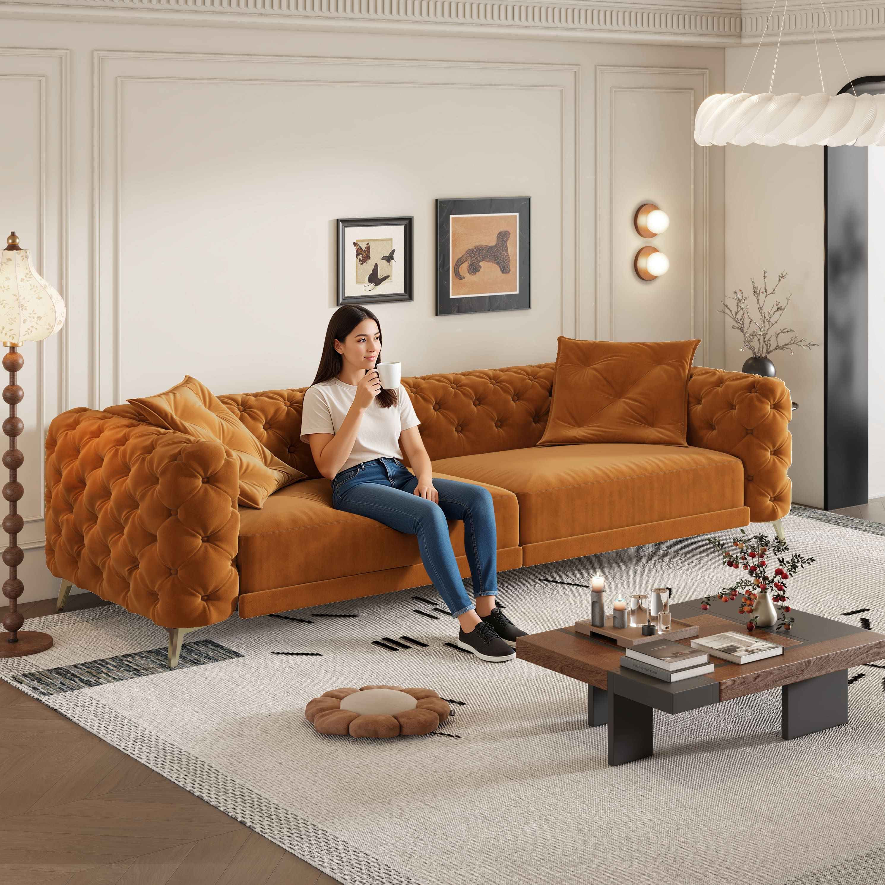 Anysun - 97.7" 3-in-1 Convertible Sleeper Sofa - Deep Seat Pull Out Bed, Button Tufted Design, Includes Movable Ottoman - Orange