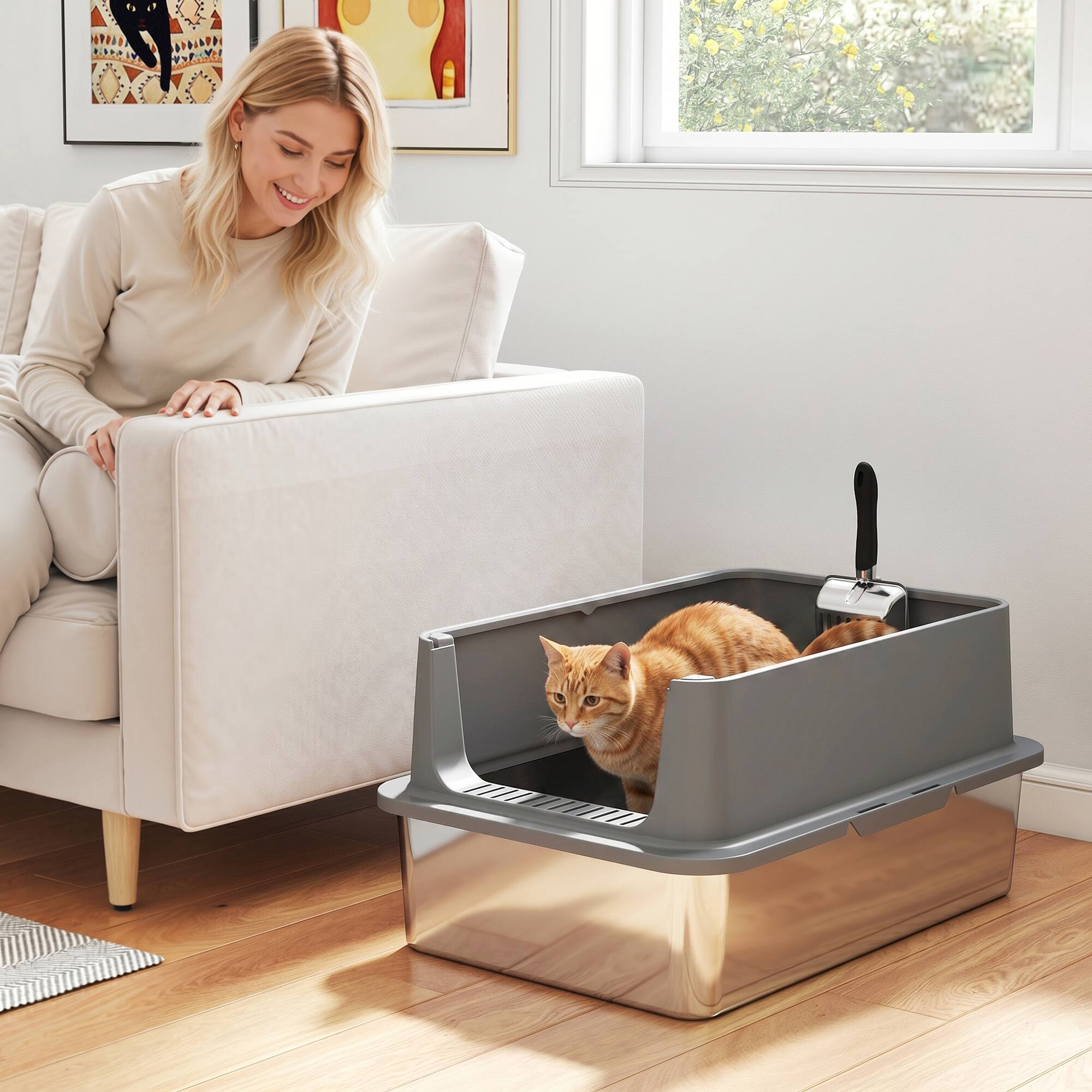 Alt View 1. Pawhut - Large Stainless Steel Cat Litter Box with Scoop & Pad, Anti-Urine Leakage - Dark Gray.