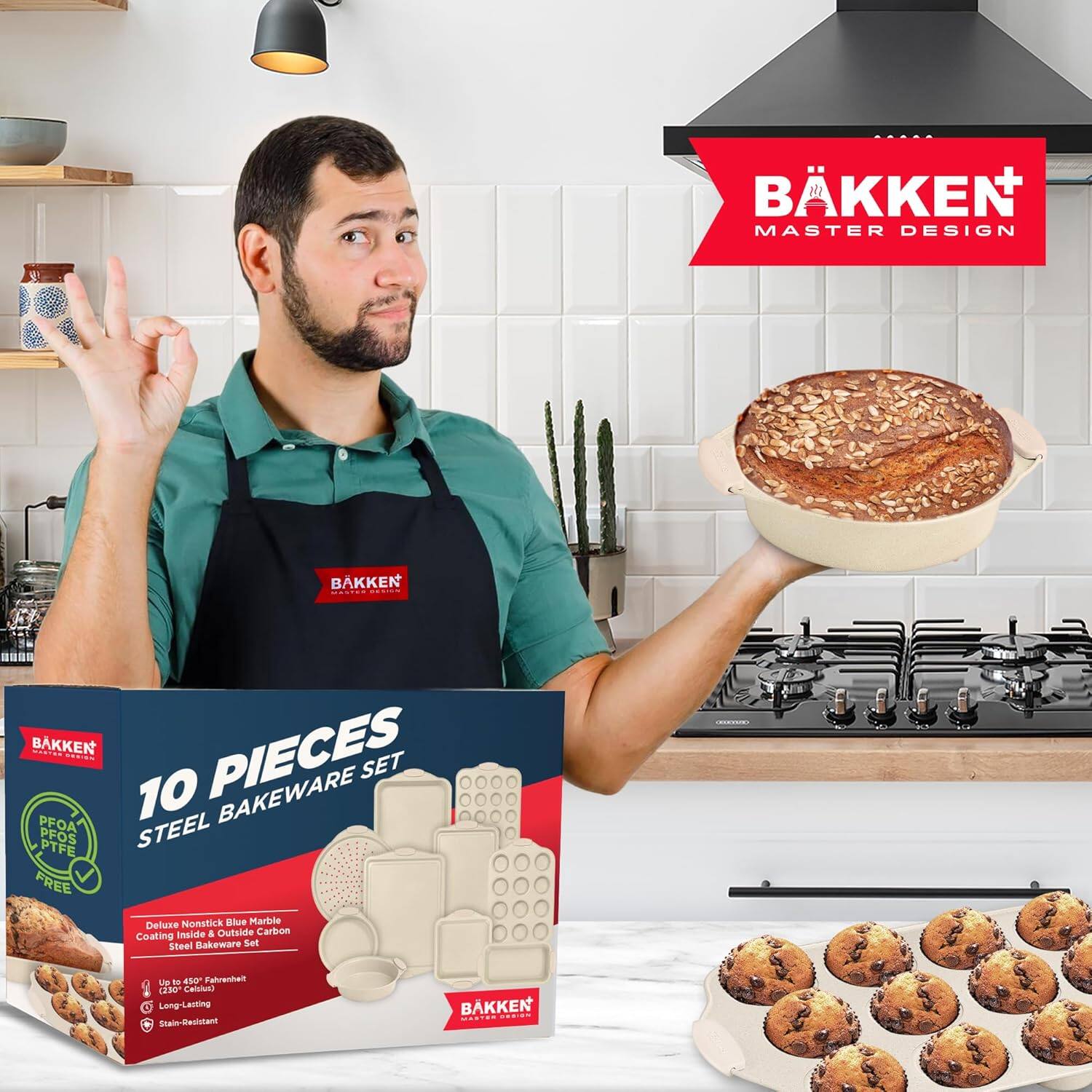 BAKKEN  
MASTER DESIGN  

BAKKEN  
10 PIECES  
STEEL BAKEWARE SET  

Deluxe Nonstick Blue Marble  
Ceramic Coating & Outside Carbon Coating  
Steel Bakeware Set  

Up to 450°F Fahrenheit  
Long-Lasting  
Stain-Resistant  

PFOA PFOS PTFE FREE