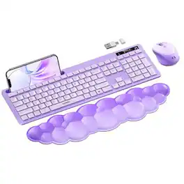 Earthley Blooms - Wireless And Mouse With Cloud Wrist Rest Full-size Cute Phone Holder Usb A&type C Receiver Cordless - Purple
