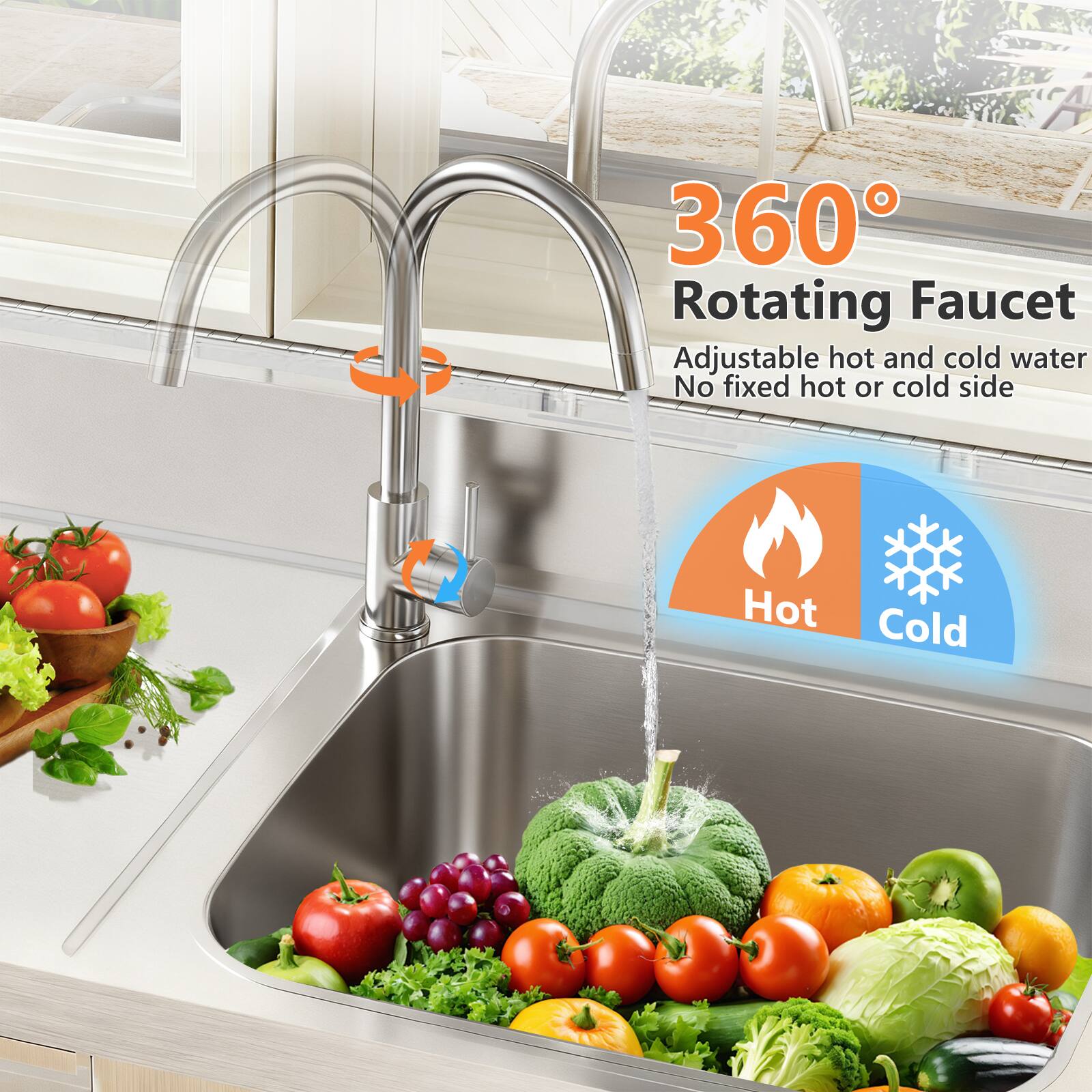 360° Rotating Faucet  
Adjustable hot and cold water  
No fixed hot or cold side  

Hot  
Cold