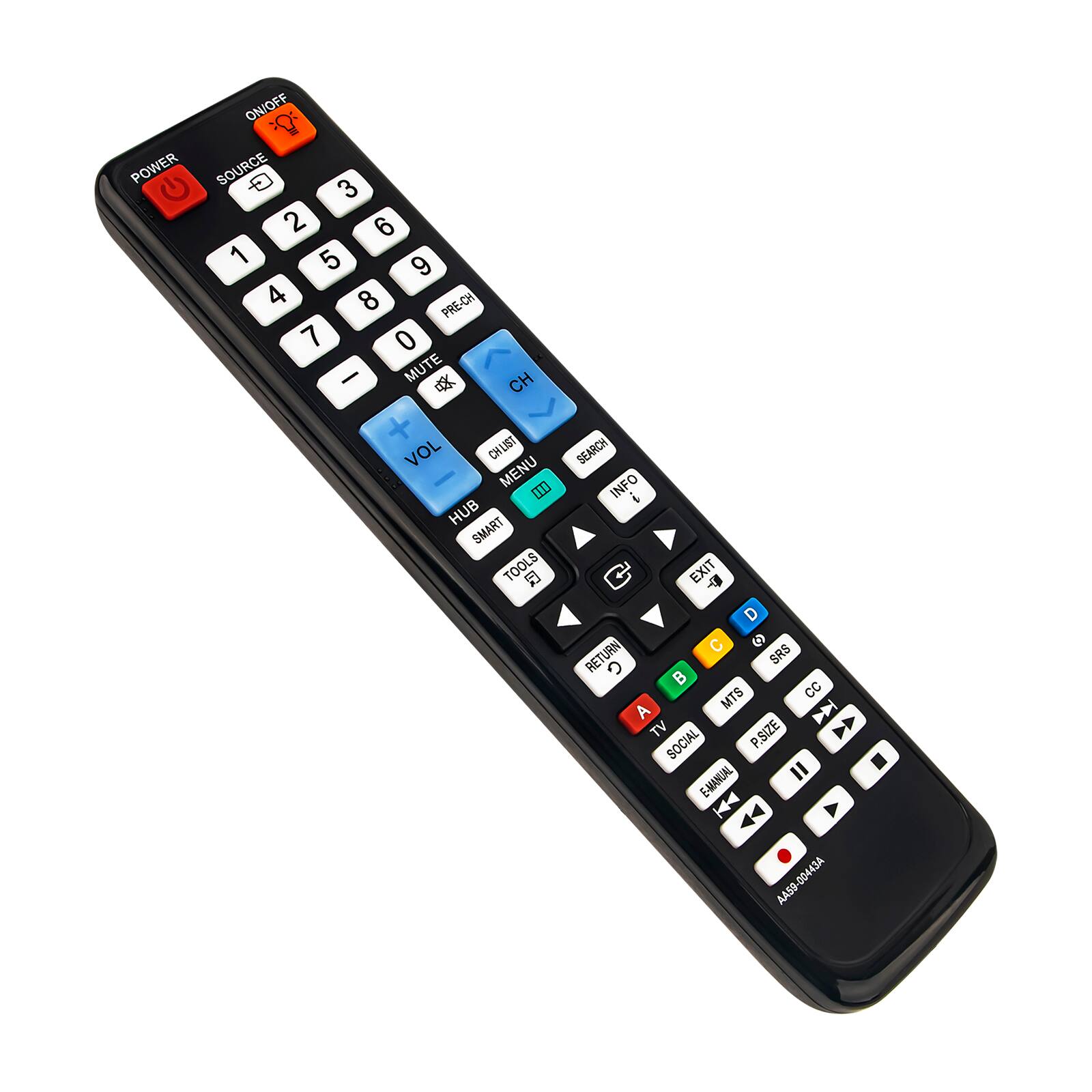 ON/OFF POWER G SOURCE 3 2 6 1 5 9 4 8 PRE-CH 7 0 MUTE -  CH VOL CHLIST MENU  HUB SMART TOOLS 
SEARCH INFO ! EXIT  D C C RETURN C SRS  MTS CC A TV P.SIZE SOCIAL E-MANUAL "  43A AA59-00443A