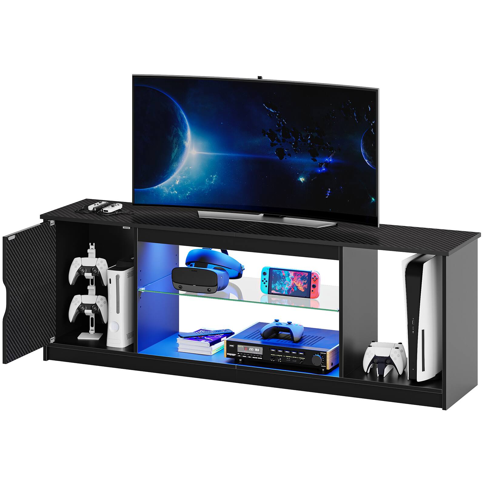 Alt View 5. Bestier - Fits up to 65" TVs Gaming Entertainment Center with Adjustable Shelves for PS5 57"TV Stand - Black carbon fiber.