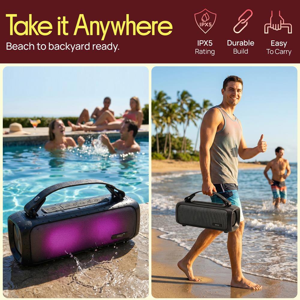 Take it Anywhere  
Beach to backyard ready.  

IPX5 Rating  
Durable Build  
Easy To Carry
