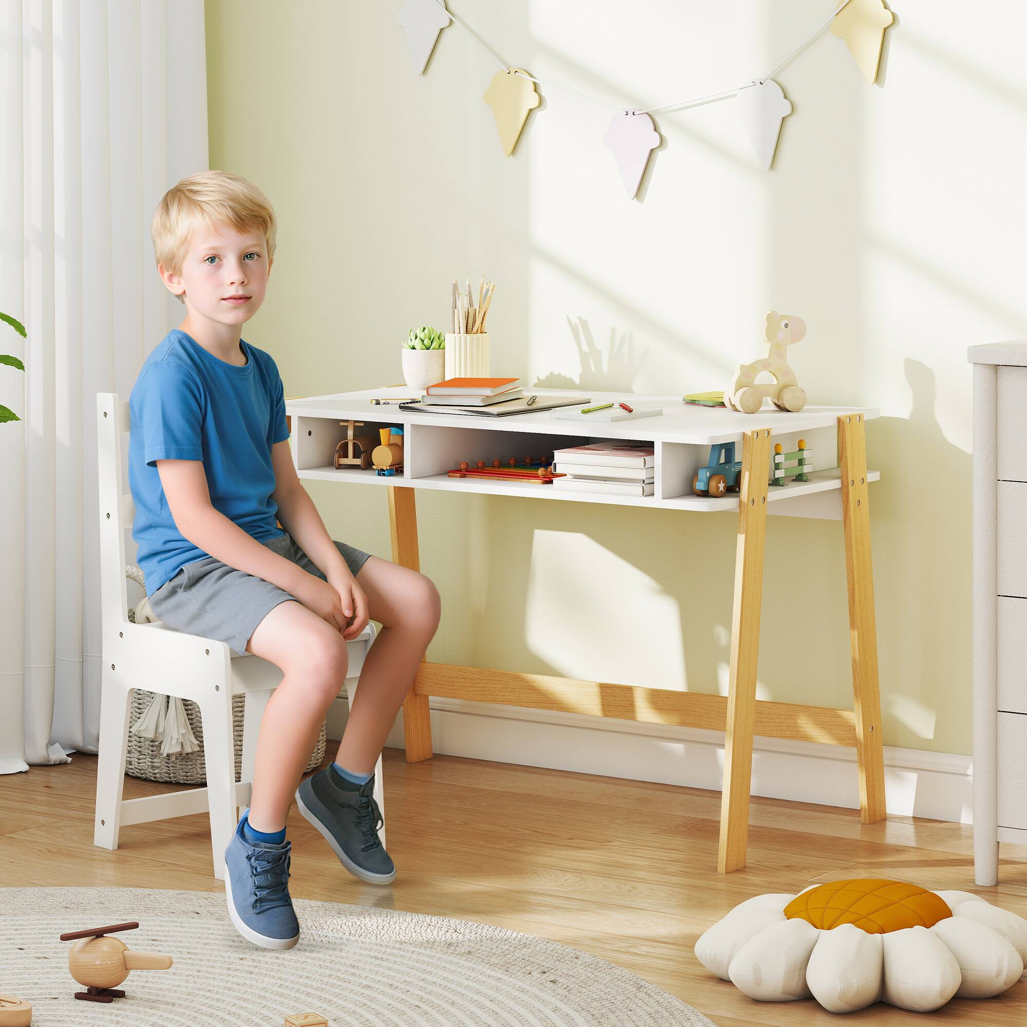 Angle. Qaba - Kids Desk and Chair Set, Study Desk with Storage, Student Writing Table Set, Bedroom, School, Gift, 3-12 Years - White.