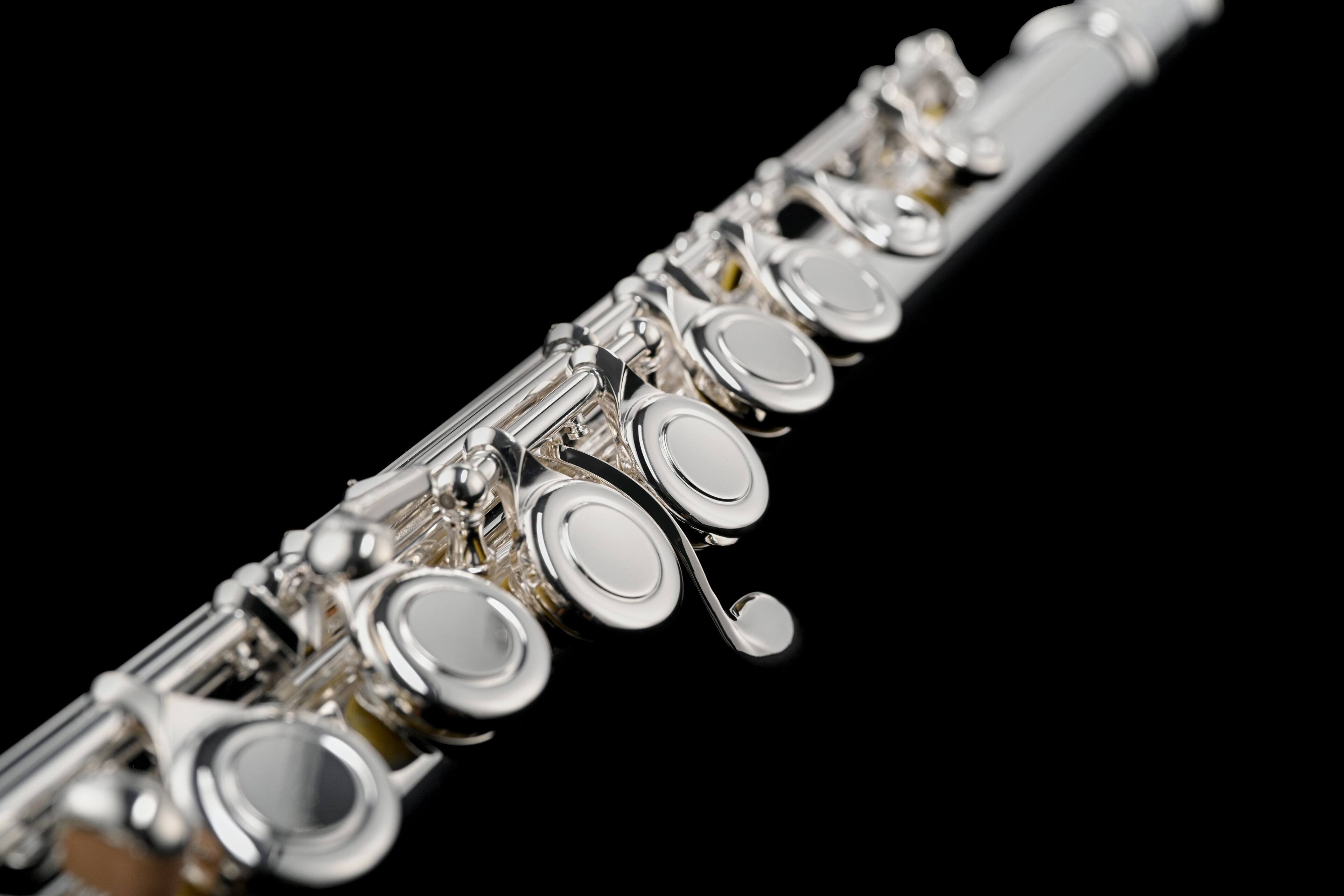 Left. Di Zhao Flutes - DZ-100 Debut Series Student Flute | Closed Hole | Offset G | C Foot Joint | Hand-Cut Headjoint - Silver.