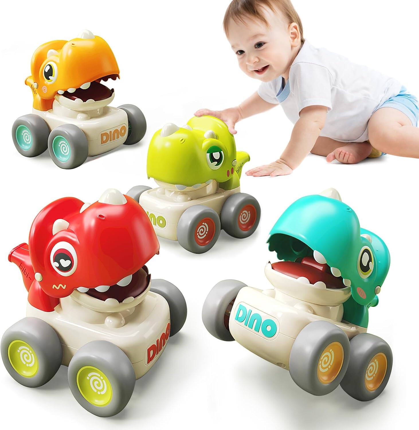 Auledio - 4pcs Dinosaur Car Toys for Toddlers 1-3,Press and Go Racing Cars Set,Baby Toys,Whistle Vehicles for Baby Christmas Gifts