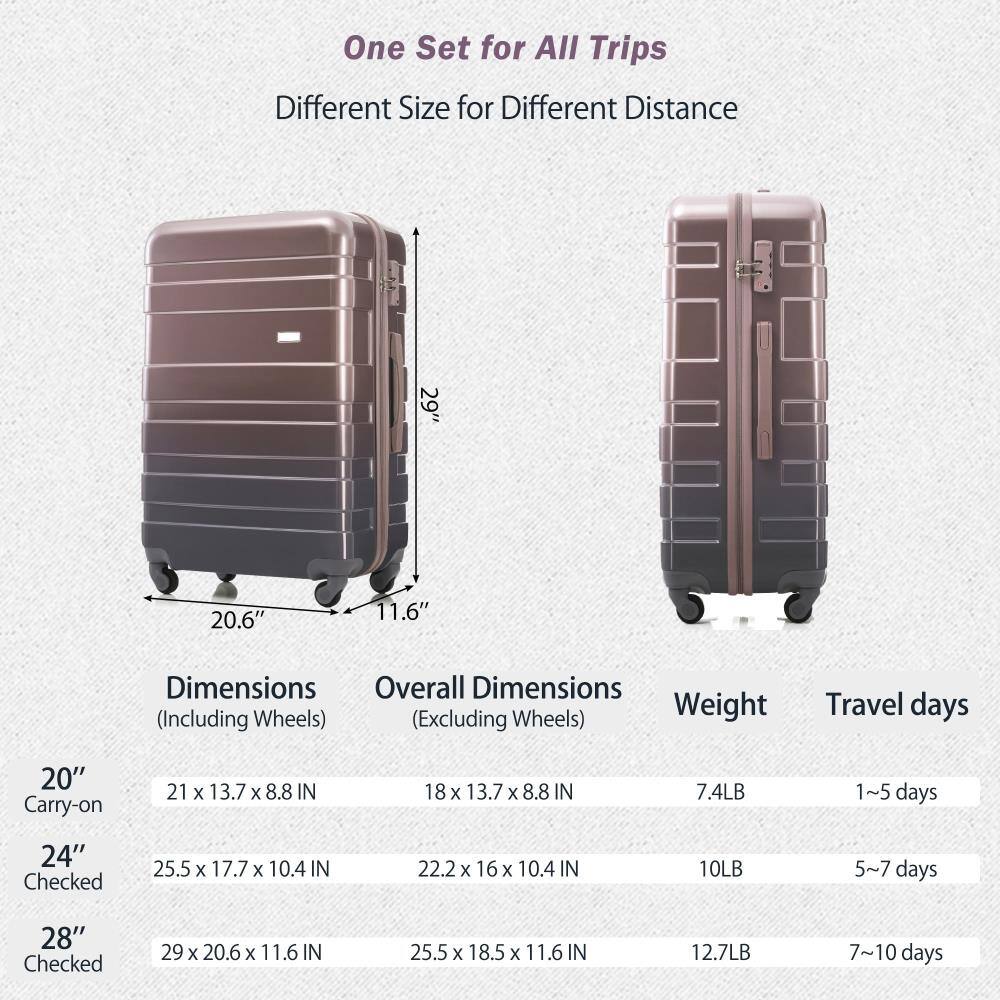One Set for All Trips  
Different Size for Different Distance  

Dimensions (Including Wheels) | Overall Dimensions (Excluding Wheels) | Weight | Travel days  
--- | --- | --- | ---  
20" Carry-on | 21 x 13.7 x 8.8 IN | 18 x 13.7 x 8.8 IN | 7.4LB | 1~5 days  
24" Checked | 25.5 x 17.7 x 10.4 IN | 22.2 x 16 x 10.4 IN | 10LB | 5~7 days  
28" Checked | 29 x 20.6 x 11.6 IN | 25.5 x 18.5 x 11.6 IN | 12.7LB | 7~10 days