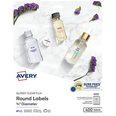 Sure Feed Technology
Glossy Clear Film
Round Labels
3/4" Diameter
Avery
4222
400 Labels
Free Templates & Designs
Avery.com
Template 4222
PERMANENT
Laser
Inkjet
Xerox