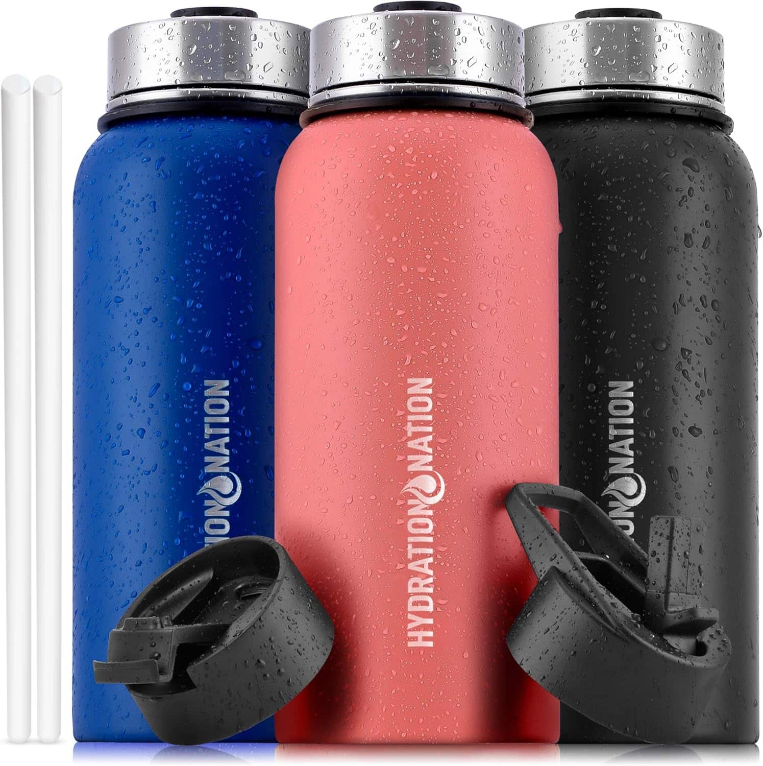 Zulay Kitchen - 3 Lid Multi-Size Vacuum Insulated Water Bottles with Straw by Hydration Nation - Peach