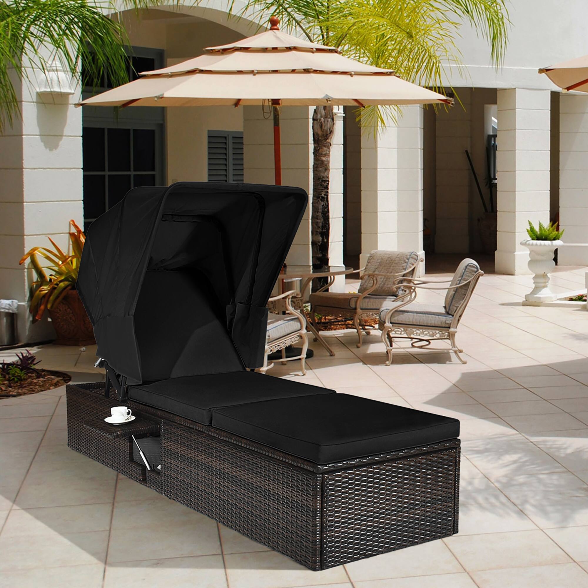 Alt View 1. Costway - Costway Patio Rattan Lounge Chair Chaise Cushioned Top Canopy Adjustable Tea Table - Black.