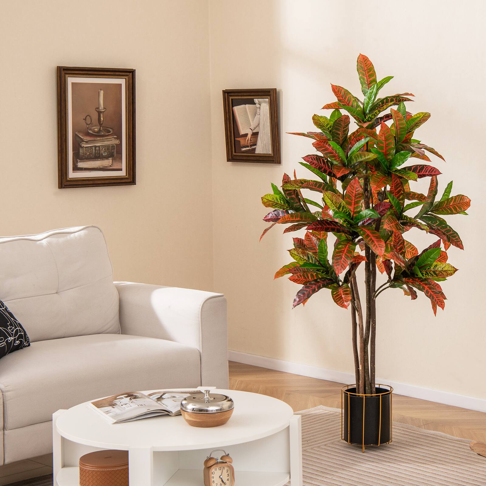 Alt View 4. Gymax - Gymax 2PCS 5 FT Artificial Croton Plant w/ Multi-colored PEVA Leaves Solid Wood Trunk - Green, Red, Yellow, Brown.