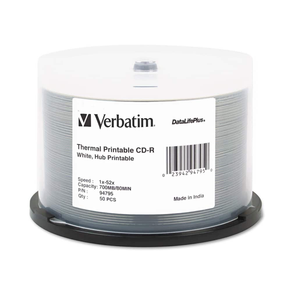 Verbatim - 94755 700 MB/80 min 52x Spindle CD-R DataLifePlus Printable Recordable Disc - (50/Pack) - White