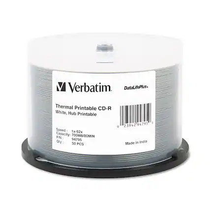 Verbatim
DataLifePlus
Thermal Printable CD-R
White, Hub Printable
Speed: 1x-52x
Capacity: 700MB/80MIN
P/N: 94795
Qty: 50 PCS
Made in India