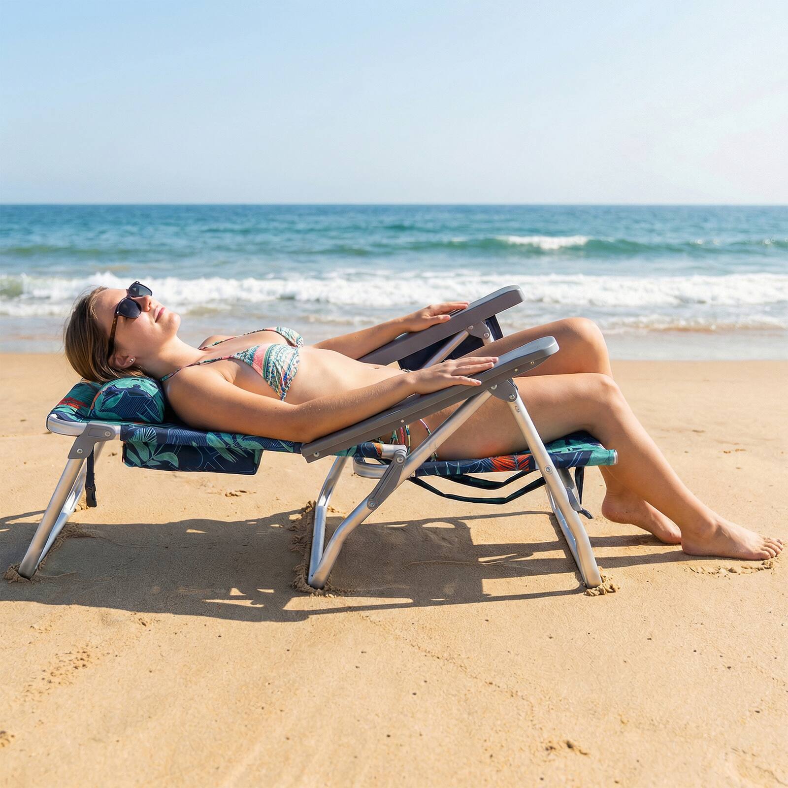 Alt View 3. Costway - Costway Beach Chairs Set of 2 with 5-Position Backrest Padded Headrest Cup Holder for Lawn - Palm Tree Green.