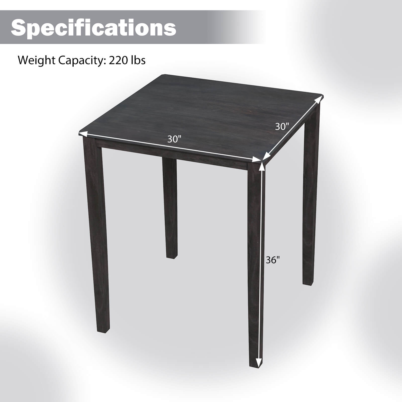 Specifications:
Weight Capacity: 220 lbs
Dimensions: 30" x 30" x 36"