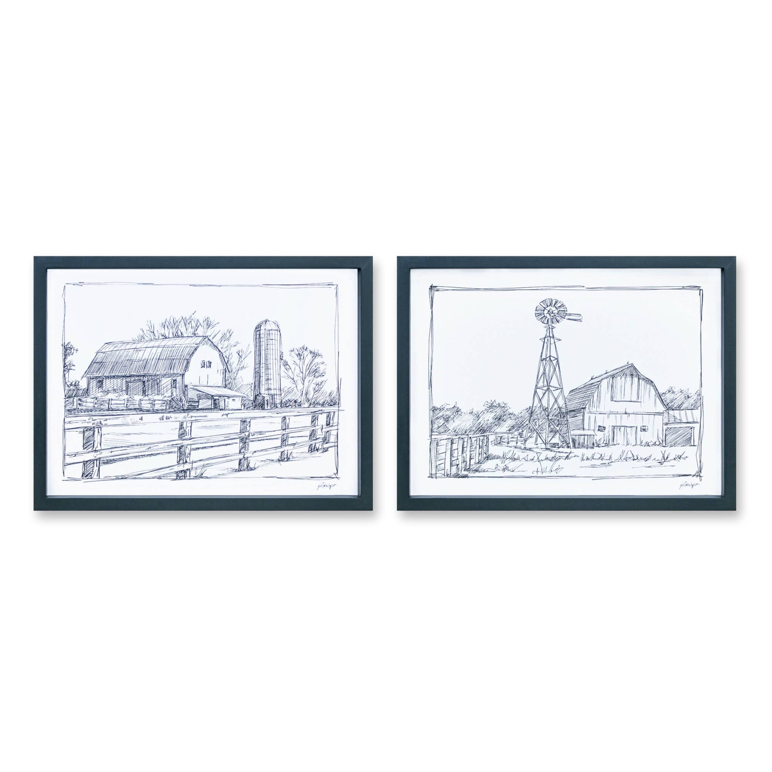 BreeBe - Framed Sketch Art Barn Print (Set of 2) - Black, White