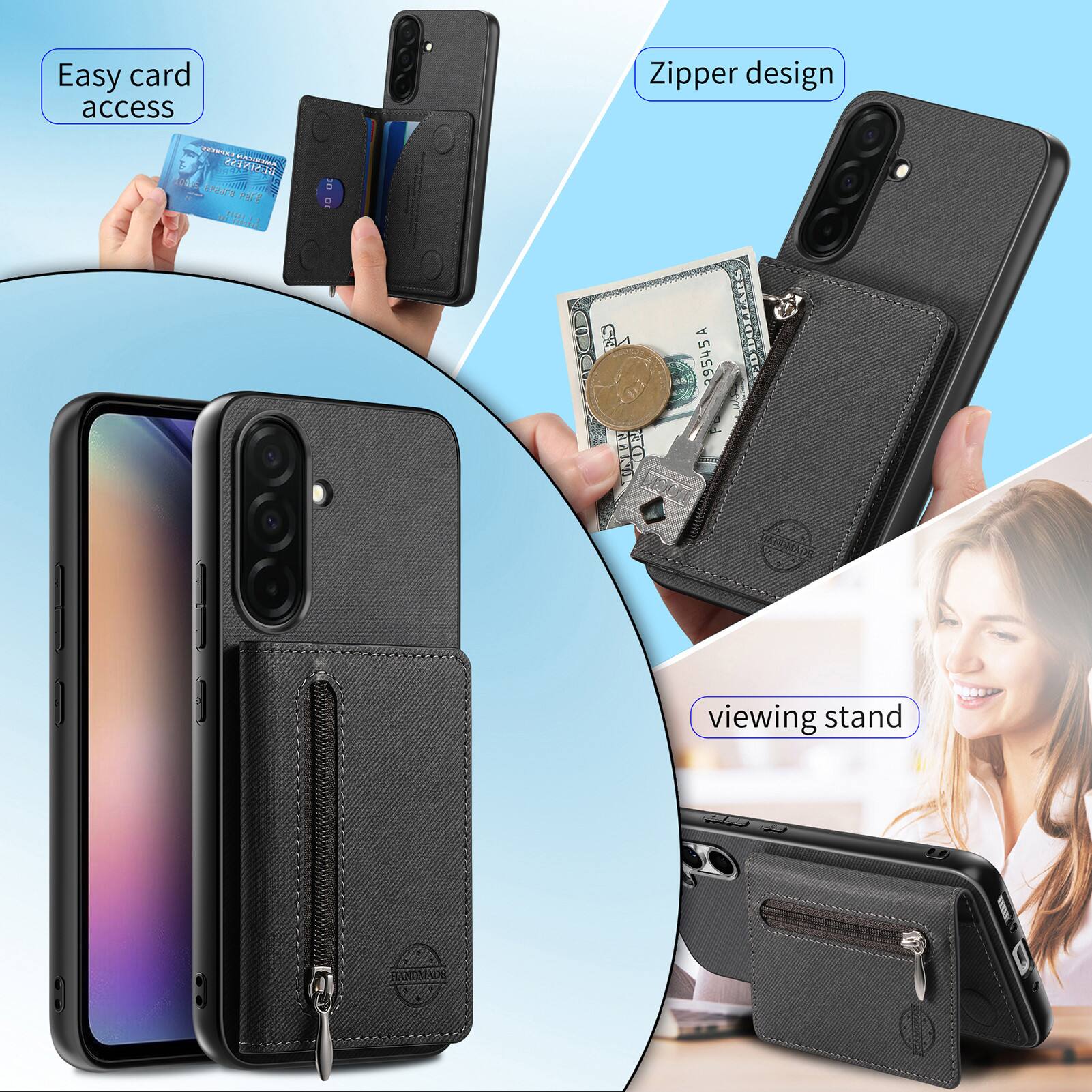 Easy card access  
Zipper design  
Handmade  
viewing stand
