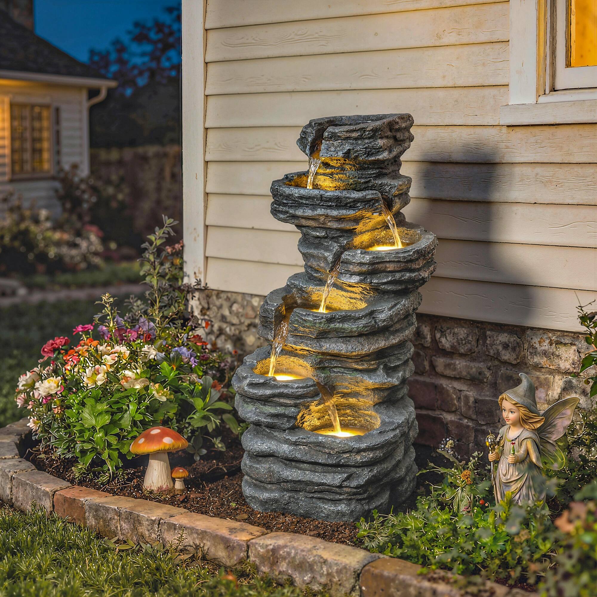 Alt View 1. Outsunny - Tall Outdoor Waterfall Fountain with LED Lights, 6-Tier Cascading Waterfall Feature - Gray.