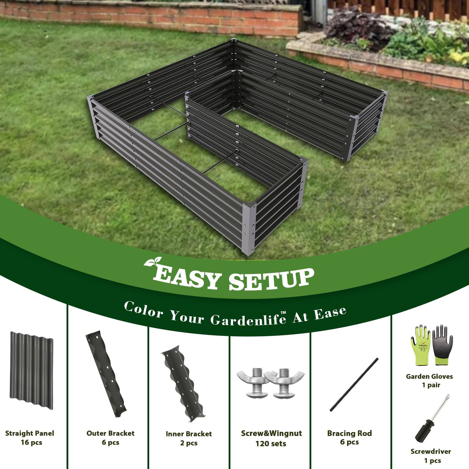 EASY SETUP  
Color Your Gardenlife At Ease  

- Straight Panel: 16 pcs  
- Outer Bracket: 6 pcs  
- Inner Bracket: 2 pcs  
- Screw&Wingnut: 120 sets  
- Bracing Rod: 6 pcs  
- Screwdriver: 1 pcs  
- Garden Gloves: 1 pair