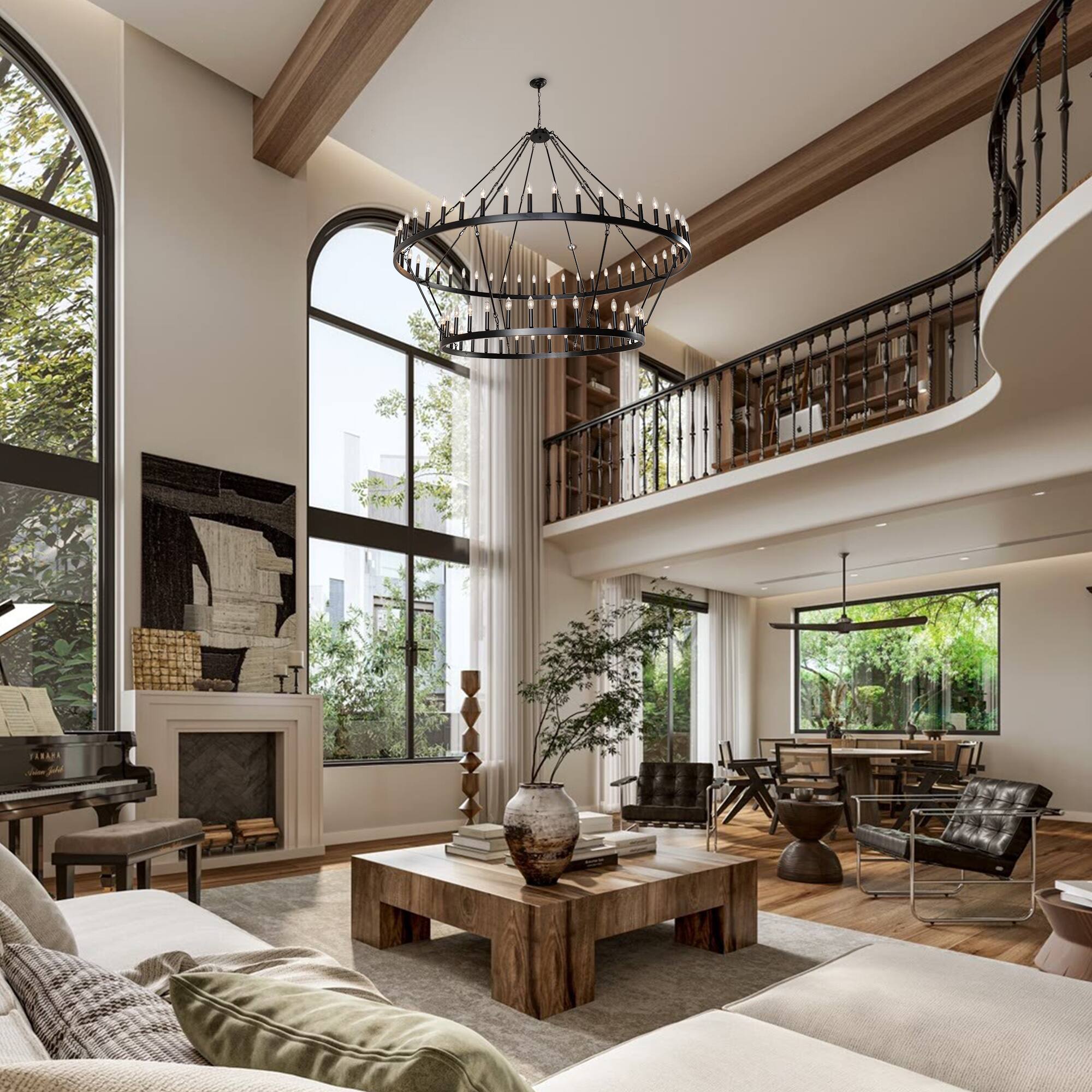 Left. RYHNUYNE - 2-Tier Black Wagon Wheel Chandelier 80-Light Extra Large Farmhouse Pendant Light for High Ceilings - Black.