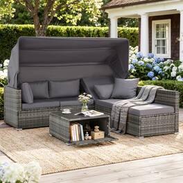 U-HOMY - 6-Piece Outdoor Patio Rattan Daybed Set with Canopy & Adjustable Backrest - Gray