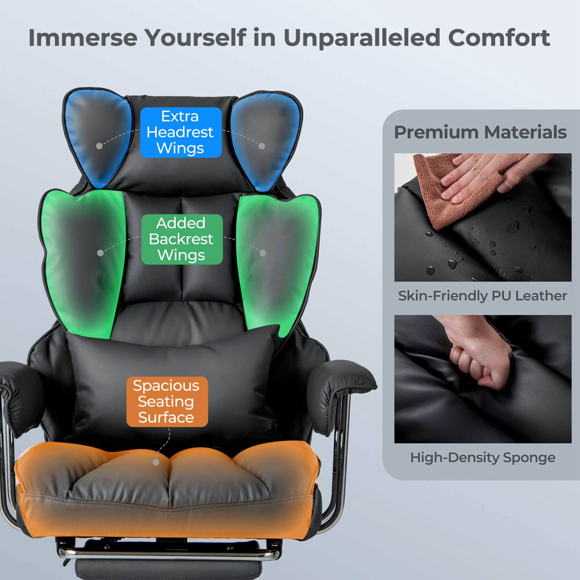 Immerse Yourself in Unparalleled Comfort with Premium Materials, Added Backrest Wings, Skin-Friendly PU Leather, Spacious Seating Surface, and High-Density Sponge.