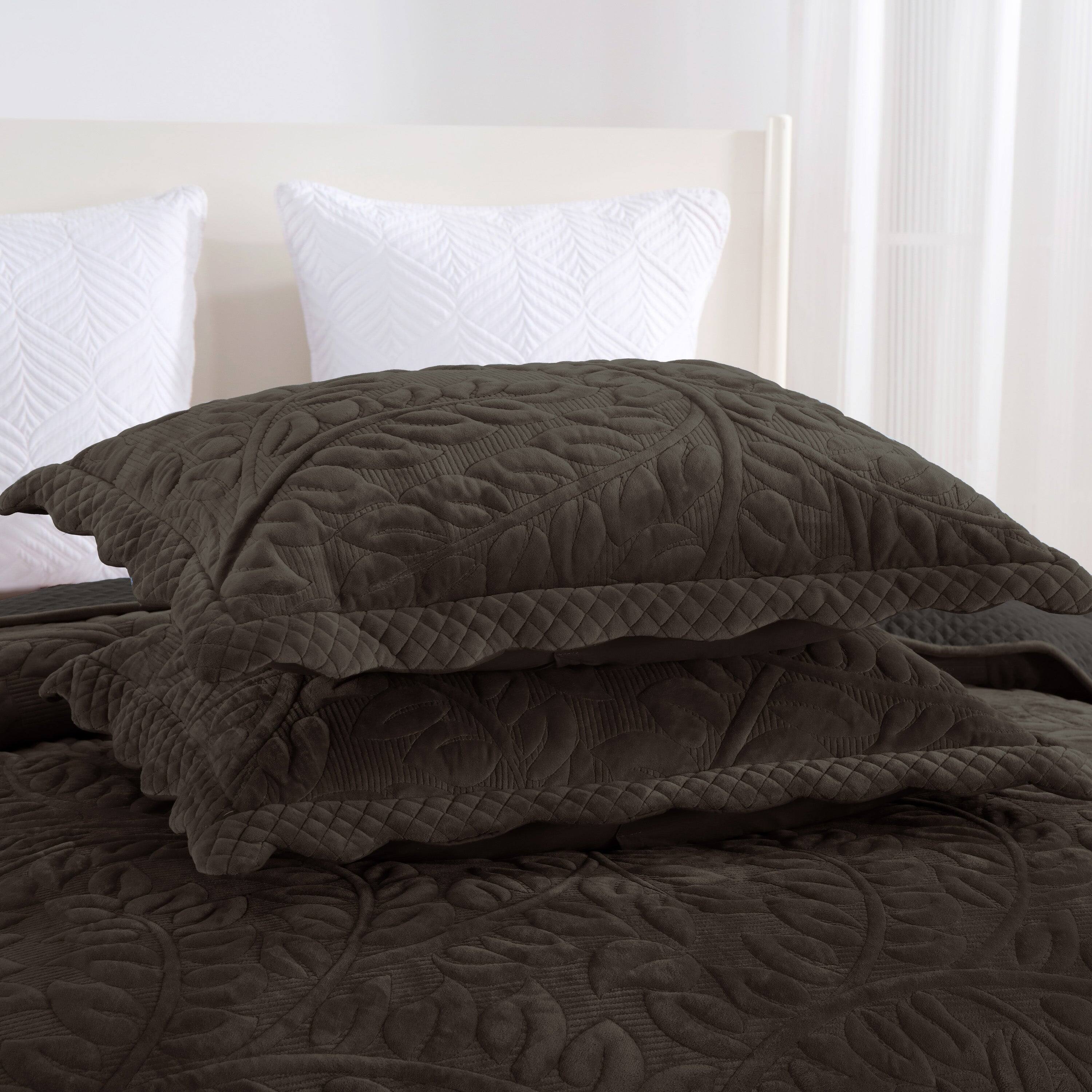 Alt View 1. MarCielo - Marcielo 3Pc Luxury Velvet Oversized Embroidery Soft and Plush Quilt Set - Brown.