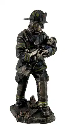 Veronese Design - Firefighter Carrying Child Metallic Statue 11 Inches Tall - Bronze